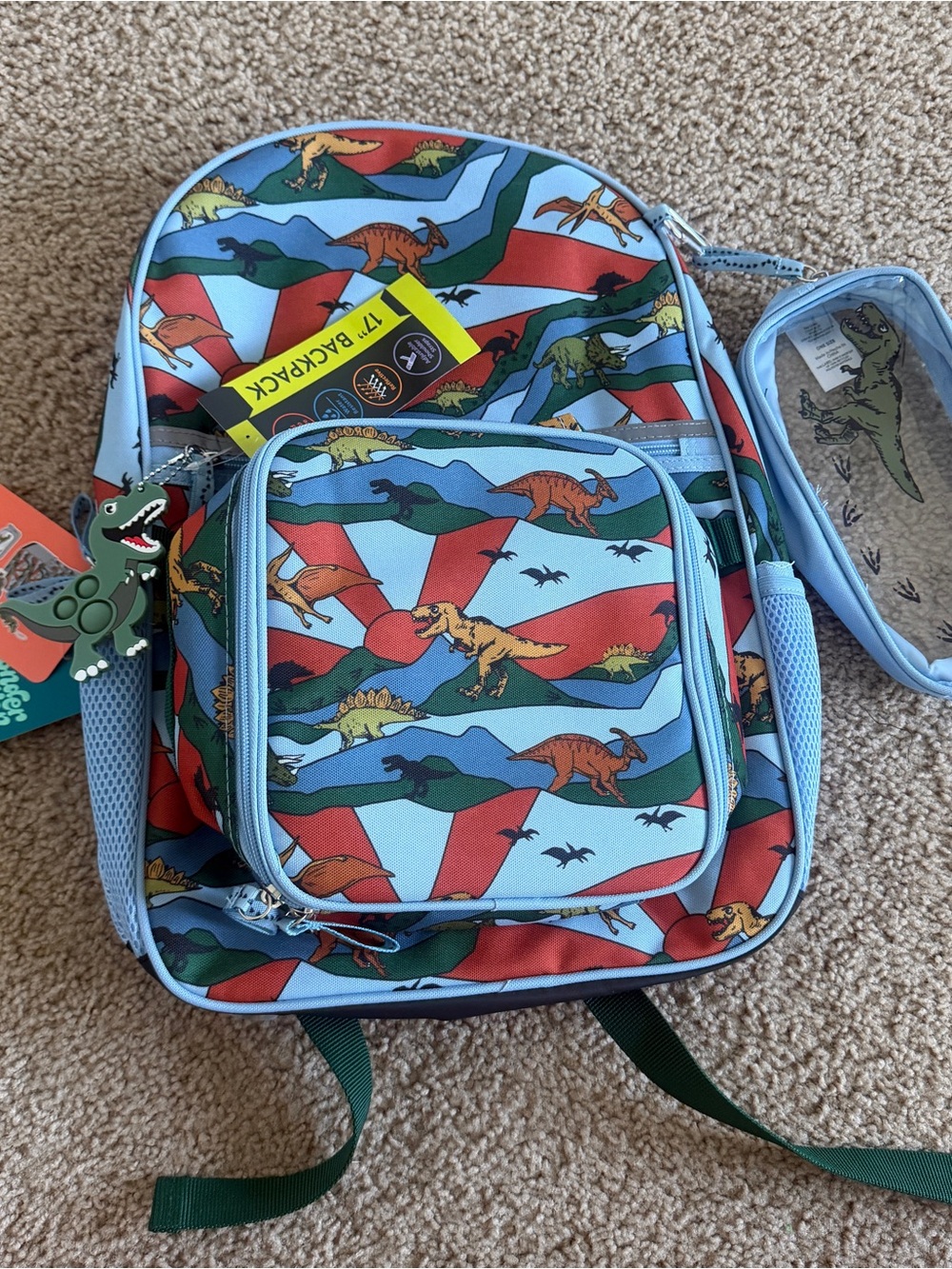 wonder nation Dinosaur Print Backpack and Pencil Case - Light Blue, Red, Green